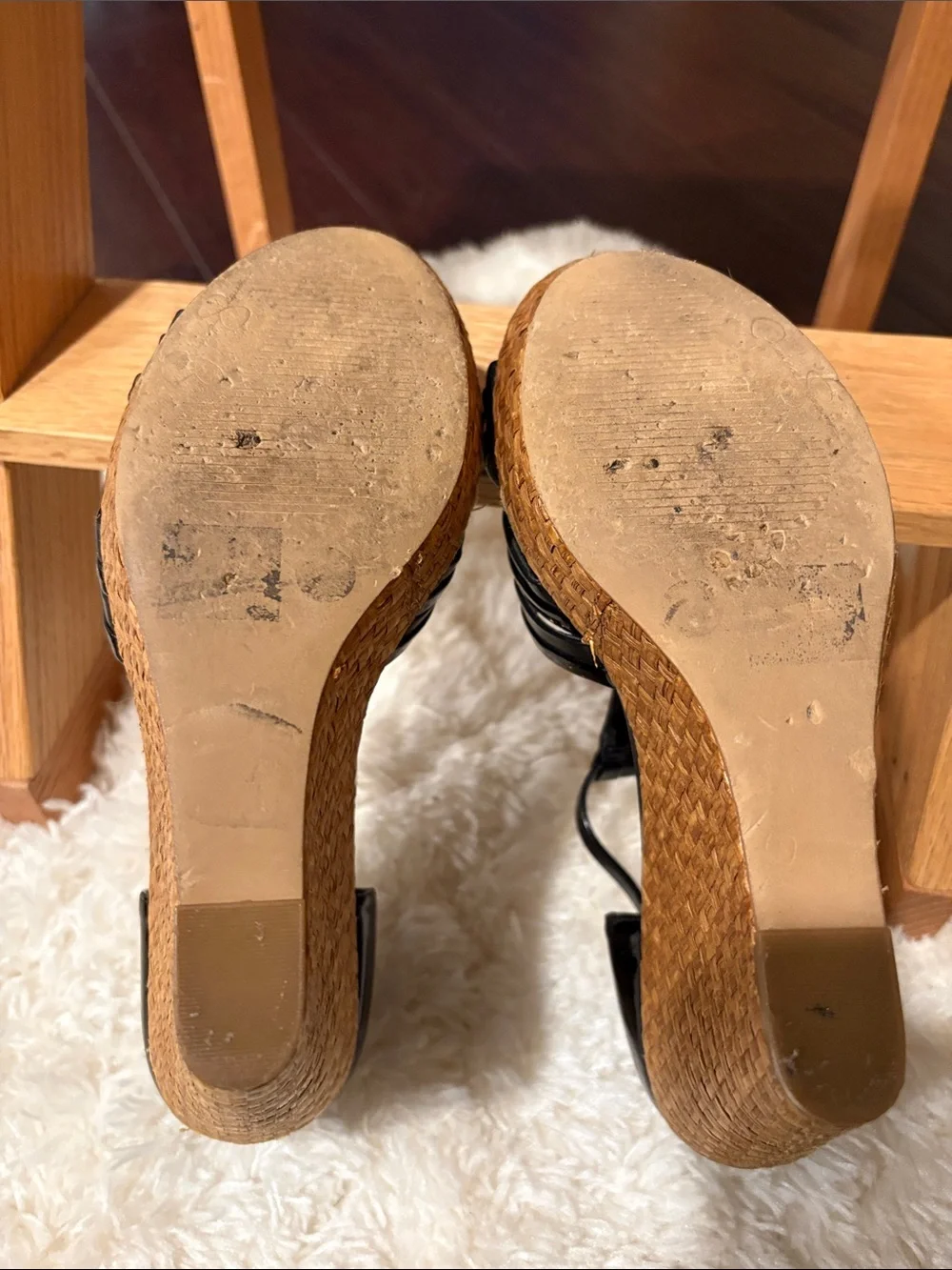 Black Wedge Sandals with T-Strap and Contrasting Tan Woven Platforms